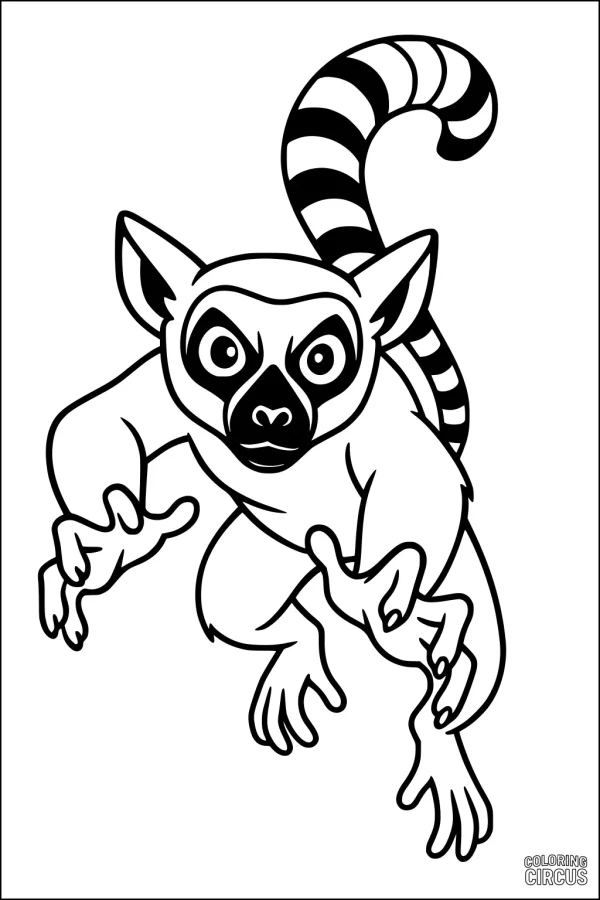 Coloring page featuring a cartoon lemur with a striped tail and big eyes, in a leaping pose