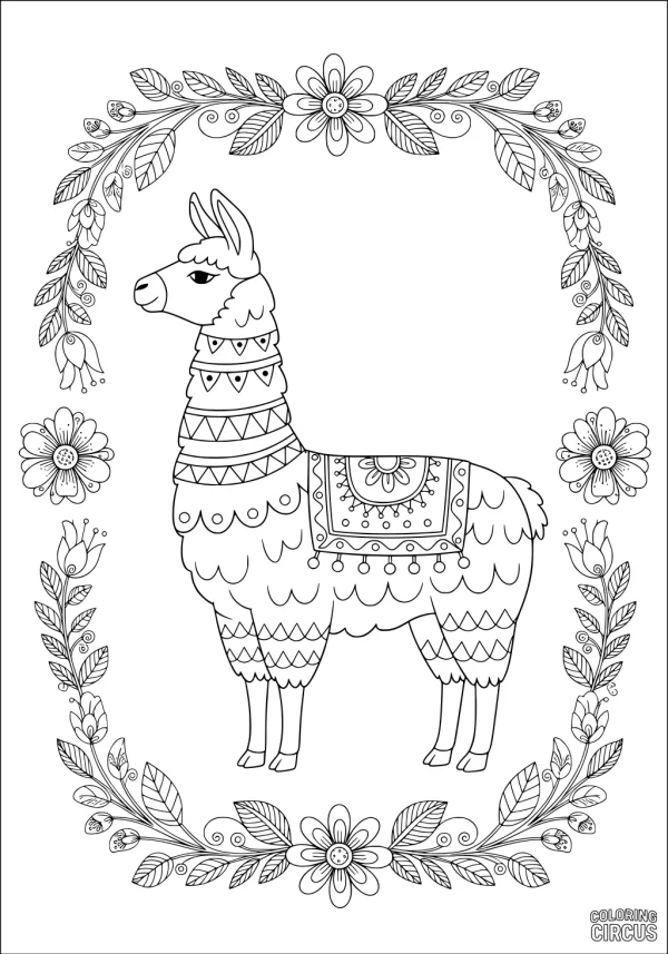 Coloring page featuring a decorated llama surrounded by a detailed floral border