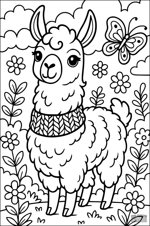 Coloring page featuring a friendly llama with a scarf standing in a flower-filled meadow with a butterfly