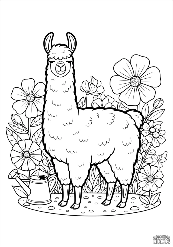 Coloring page of a fluffy llama standing in a flower garden with a watering can