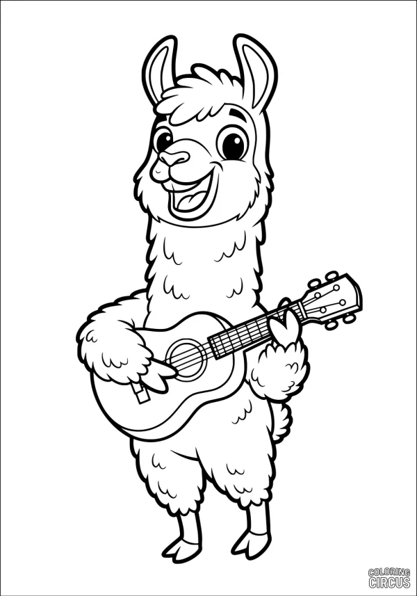 Coloring page showing a cheerful cartoon llama playing a guitar, friendly and simple for children.