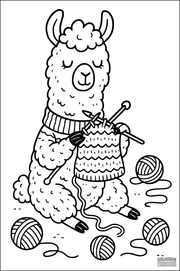 Coloring page of a happy llama knitting a scarf with yarn balls