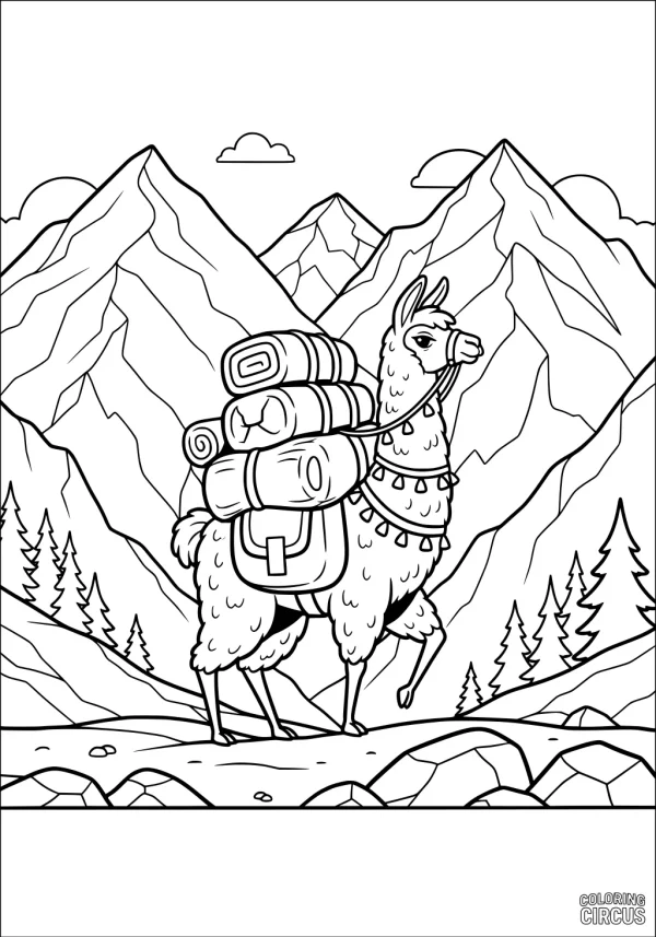 Coloring page llama with packs in mountain landscape, surrounded by pines and rocks