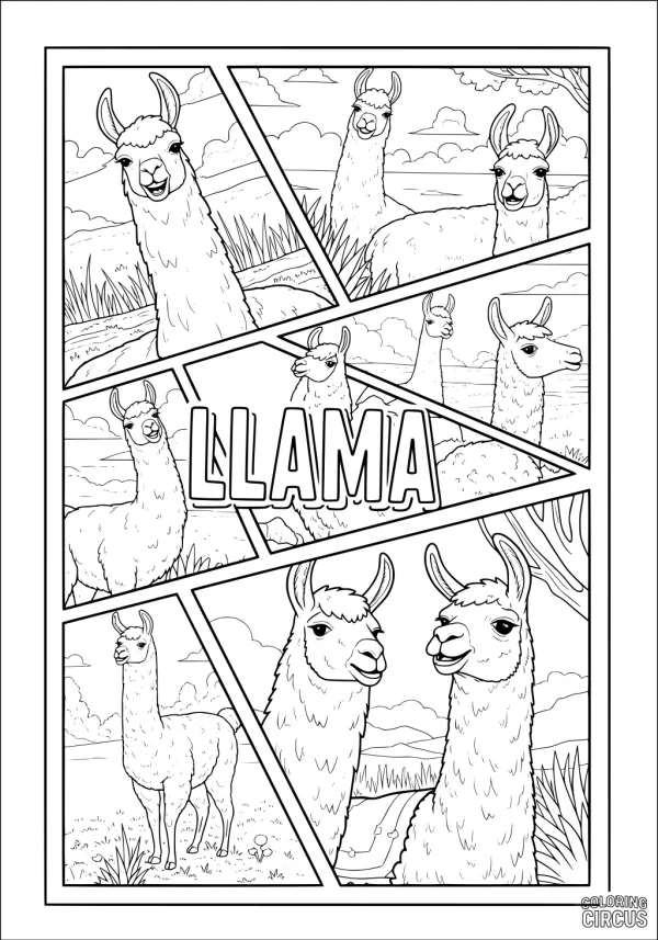 Coloring page with multiple llamas in comic-style panels in a mountain meadow landscape