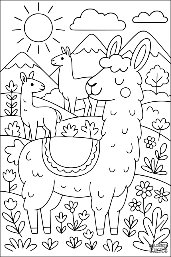 Coloring page with three llamas, mountains, flowers, and sun in a cartoon mountain landscape