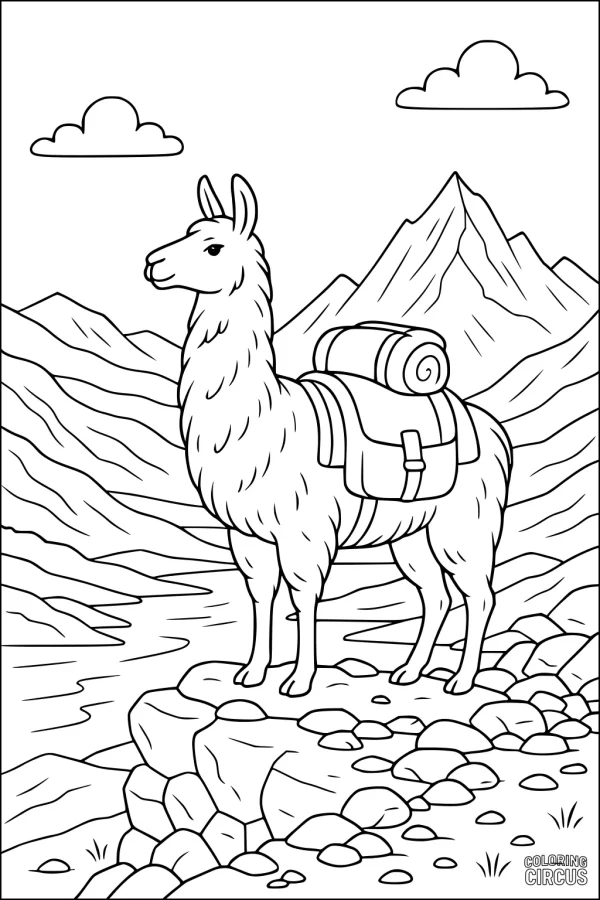 Coloring page featuring a llama with pack overlooking mountain landscape