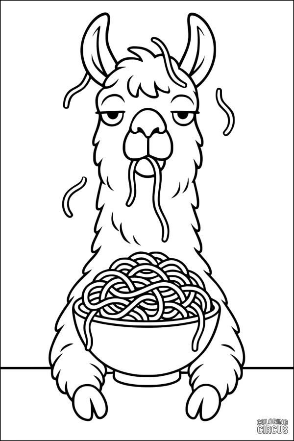Coloring page of a cartoon llama eating a big bowl of spaghetti noodles