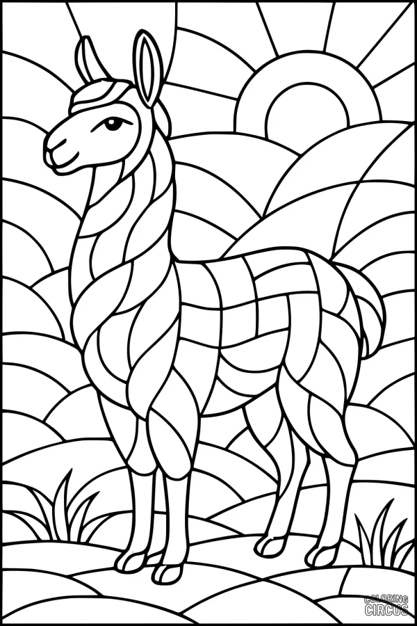 Coloring page of a llama standing on a grassy hillside with curved hills and a sunrise in the background, featuring swirled wool patterns.