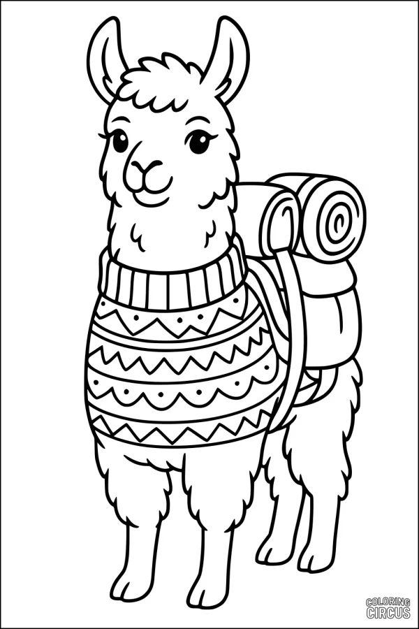 Coloring page featuring a happy llama wearing a patterned sweater and carrying a backpack and blanket, in a playful cartoon style