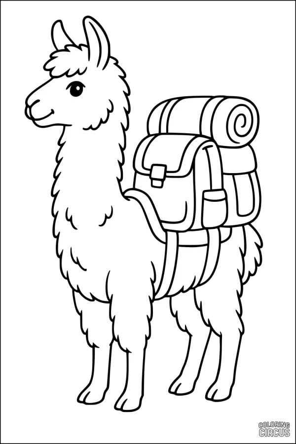 Coloring page showing a cute llama with a camping backpack ready for a mountain trip