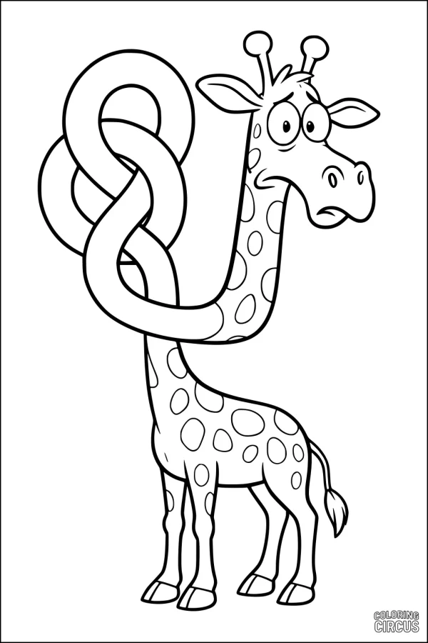 Coloring page of a cartoon giraffe with a knotted, loopy neck and funny expression