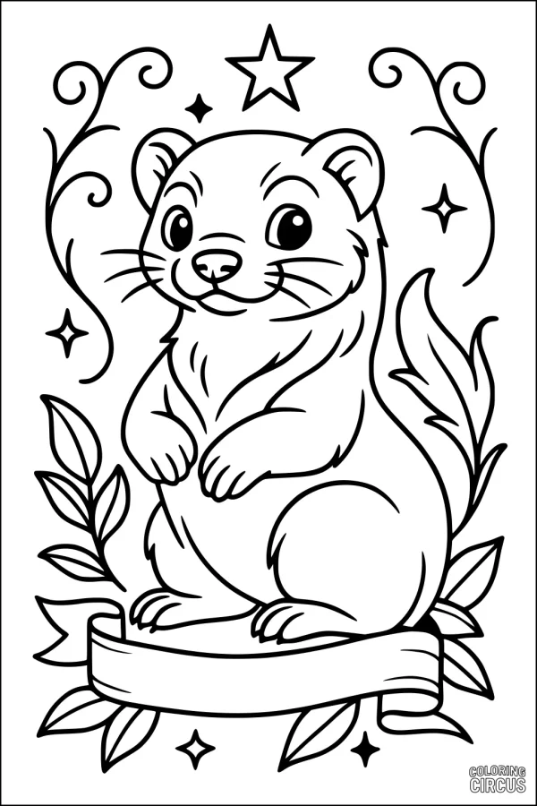 Coloring page featuring a cheerful cartoon ferret surrounded by stars, leaves, and decorative swirls