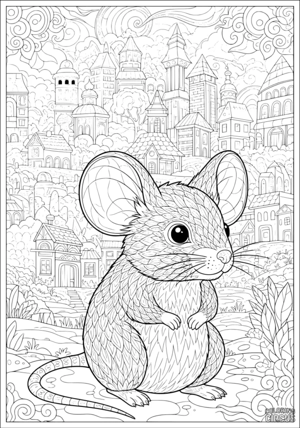 Coloring page featuring a detailed mouse in front of a whimsical cityscape with towers, rooftops, and swirling clouds.
