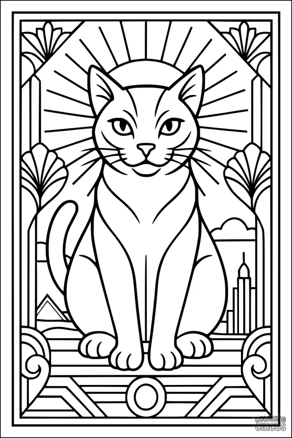 Coloring page of a cat in art deco frame with city background and sun rays