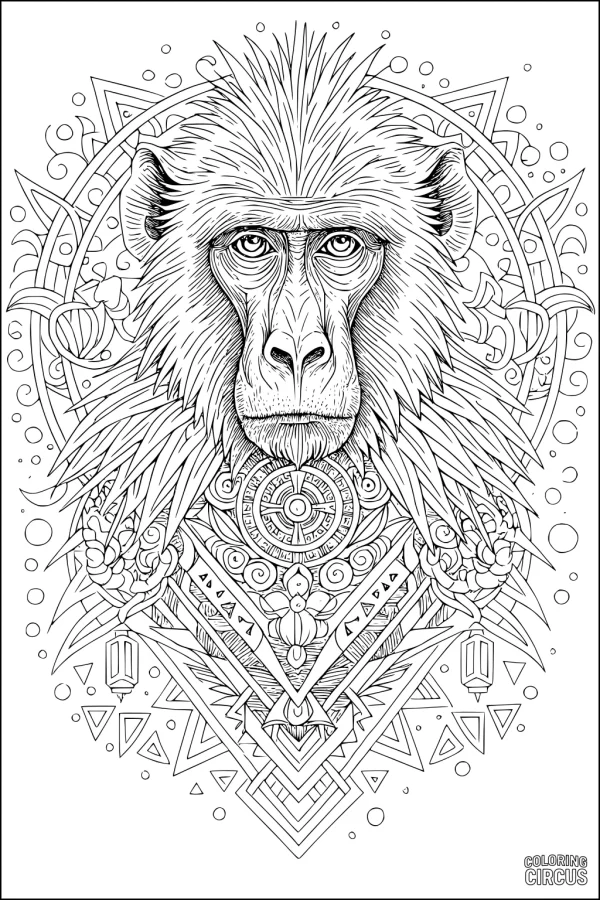 Coloring page featuring a detailed baboon face with intricate geometric and floral patterns in a jungle theme