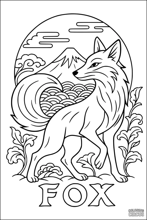Coloring page showing a proud fox with a mountain, clouds, and plants in a decorative background