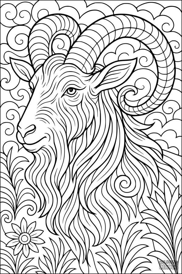 Coloring page detailed goat with curled horns, surrounded by swirling patterns, clouds, and leafy plants
