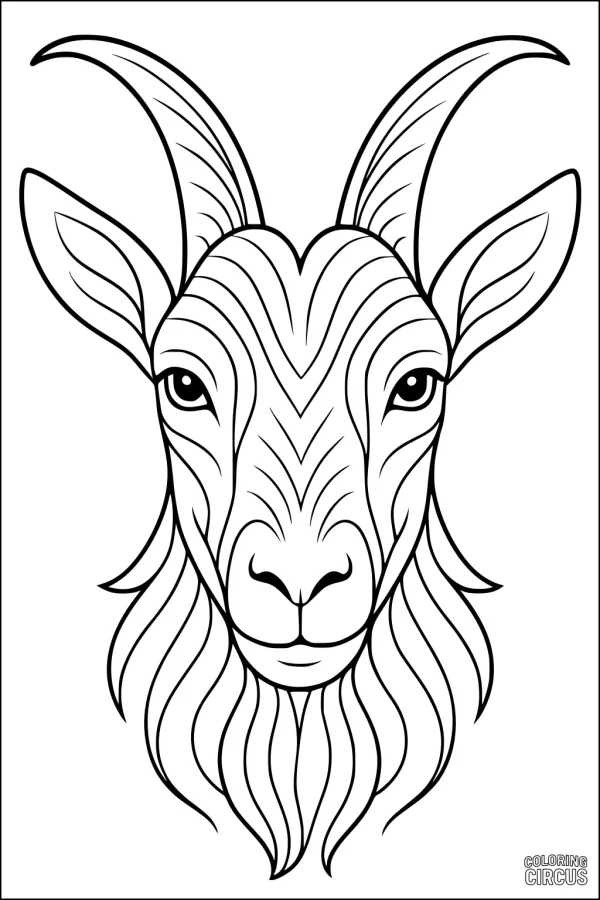 Coloring page featuring a detailed goat face with large curving horns and wavy fur lines, suitable for older children and adults