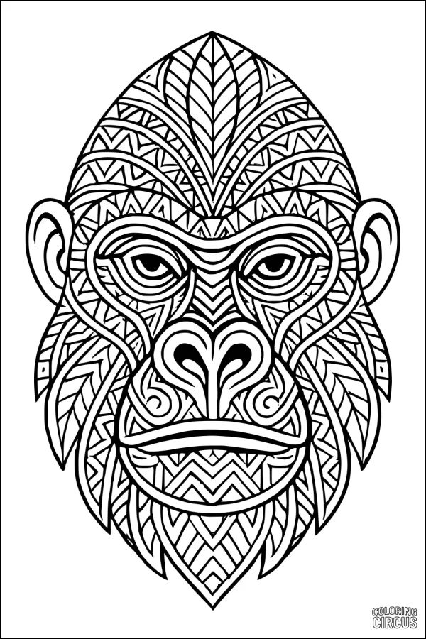Coloring page featuring an intricate mandala-style gorilla face with detailed patterns