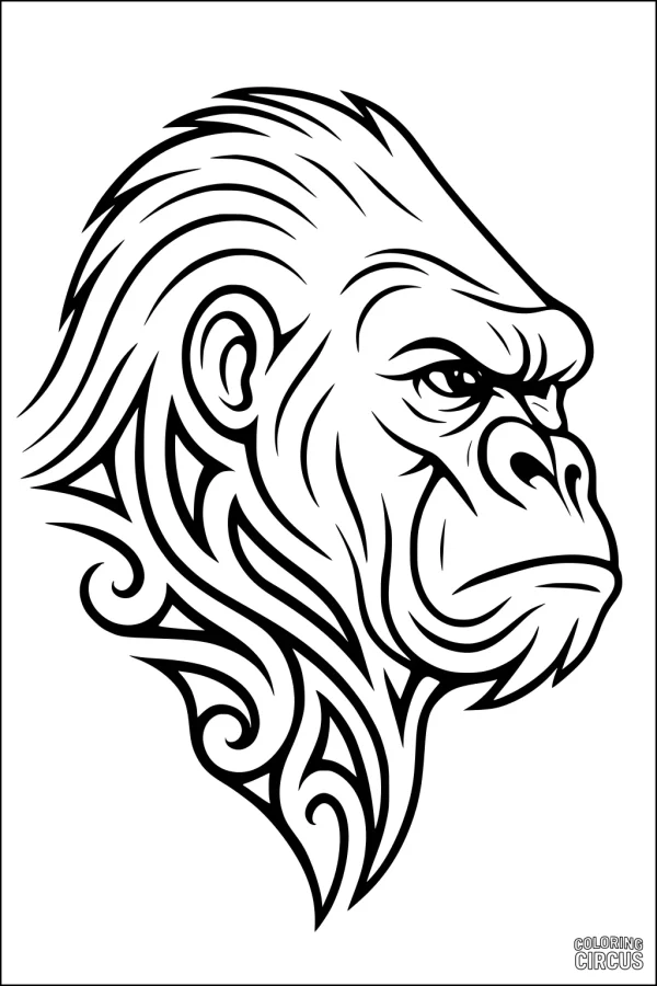 Coloring page of a gorilla head with tribal inspired swirling patterns