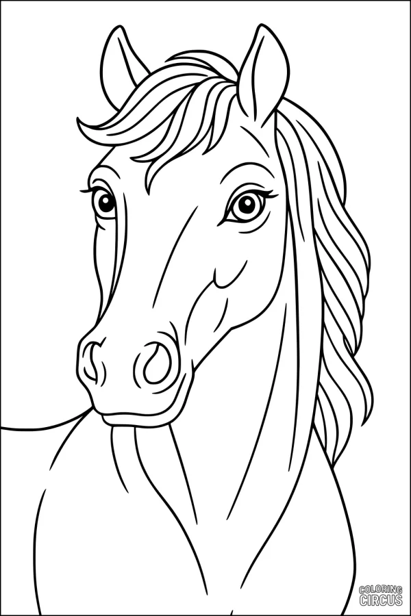 Coloring page featuring a friendly horse head with flowing mane