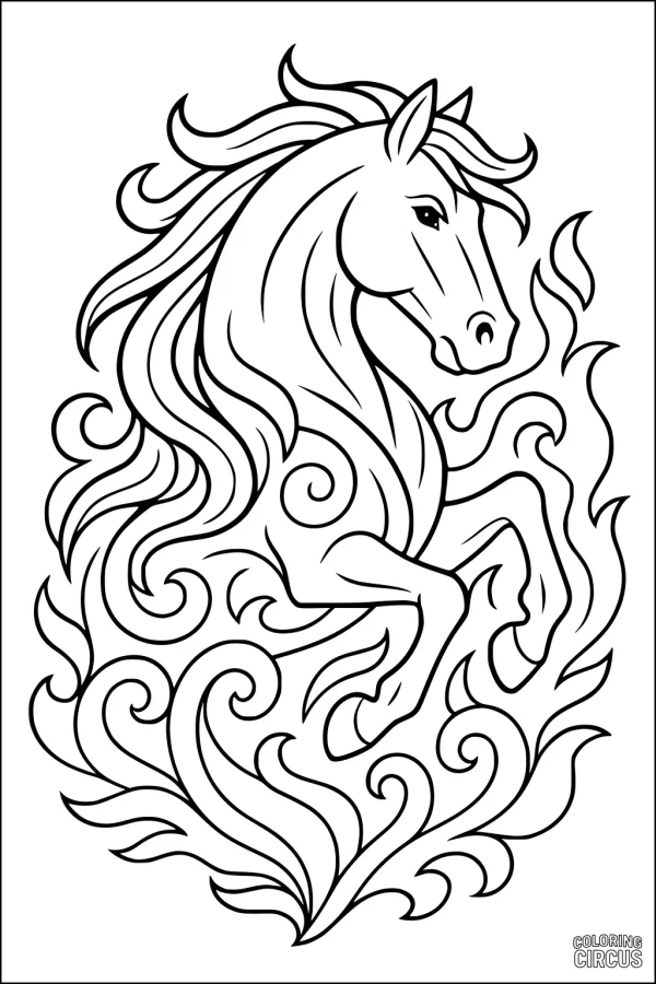 Coloring page featuring a majestic horse with elaborate swirling mane and tail, surrounded by spiral wind patterns