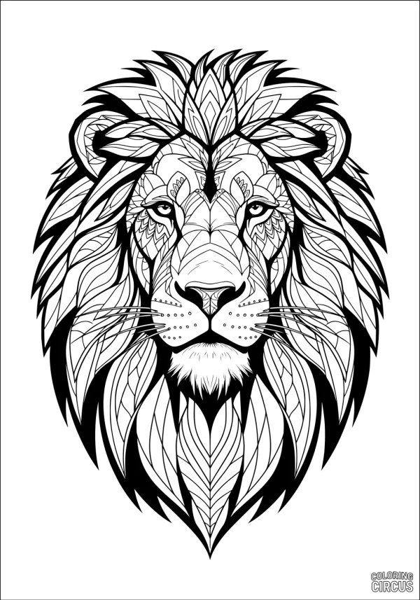 Coloring page featuring a detailed patterned lion head with intricate mane for creativity