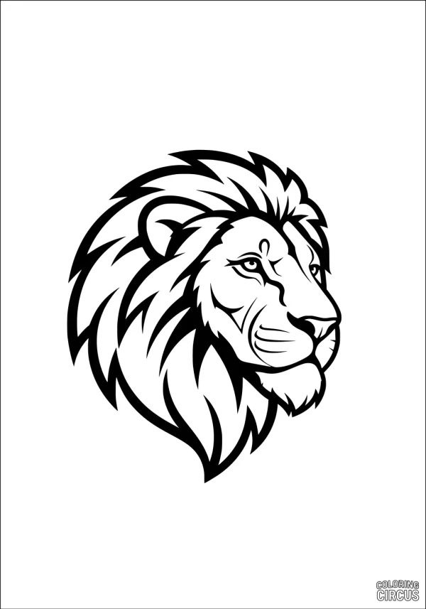 Coloring page featuring a detailed lion head with a flowing mane