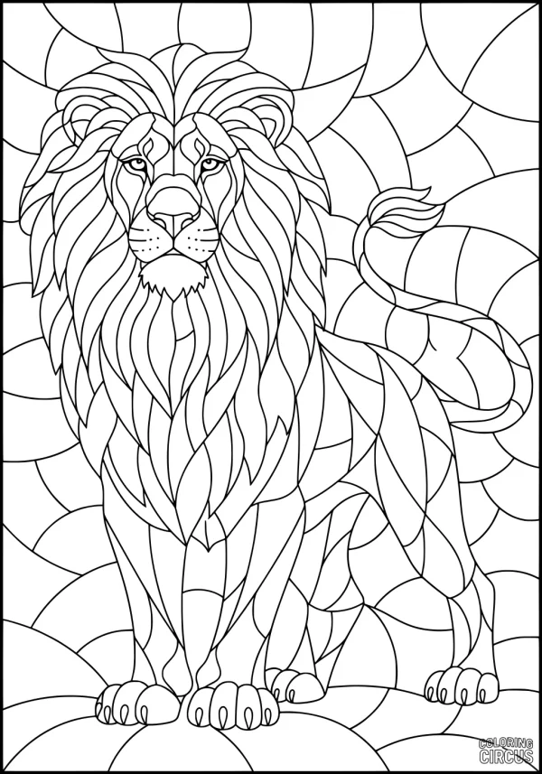 Coloring page showing a detailed lion with a full mane in a stylized savanna background