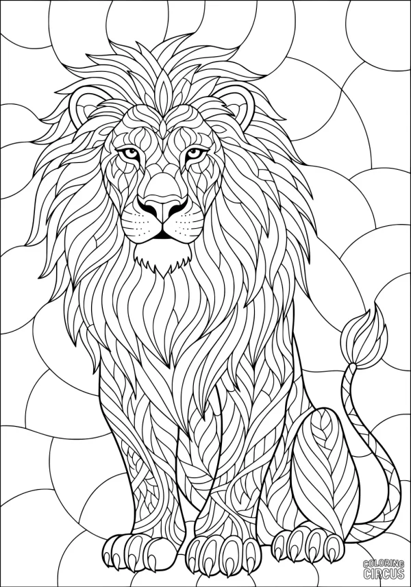 Coloring page of a detailed lion with intricate patterns in its mane, set against a circular patterned background