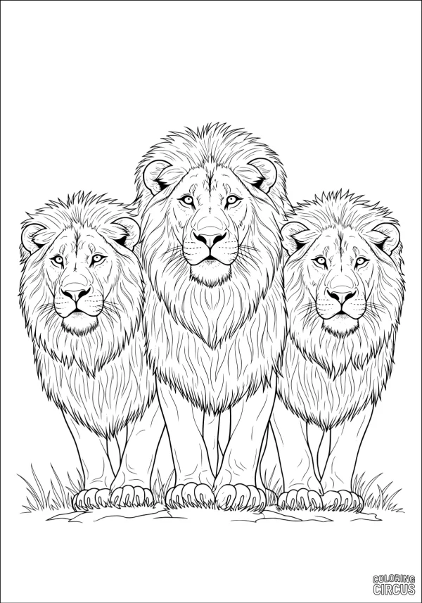 Coloring page showing three detailed lions with full manes standing together on grassy ground