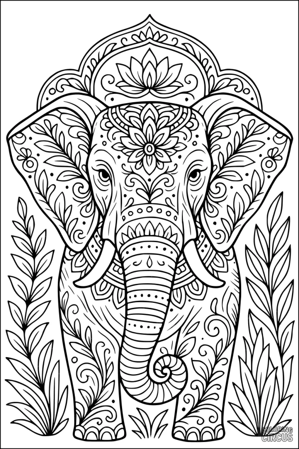 Coloring page with an intricately patterned elephant surrounded by leafy plants