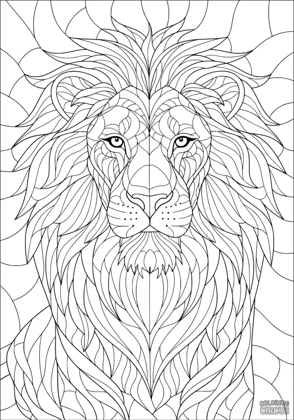 Coloring page featuring a detailed, symmetrical lion face with intricate flowing mane