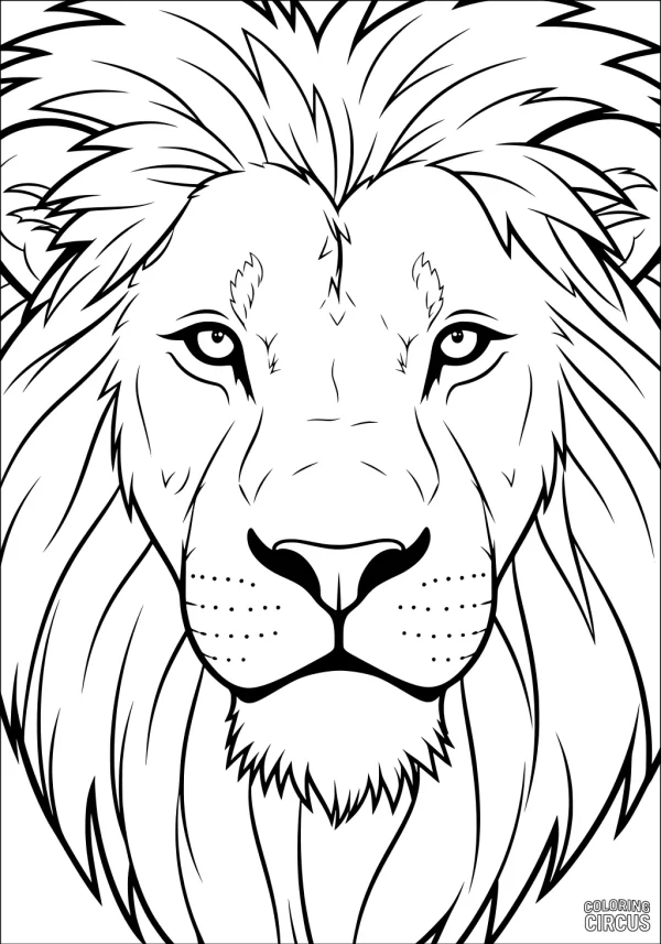 Coloring page of a detailed lion face with a full mane for kids and adults