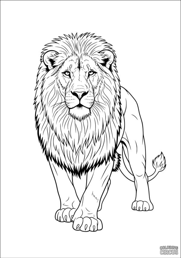 Coloring page featuring a detailed lion with a thick mane standing and looking forward, perfect for children learning about animals.