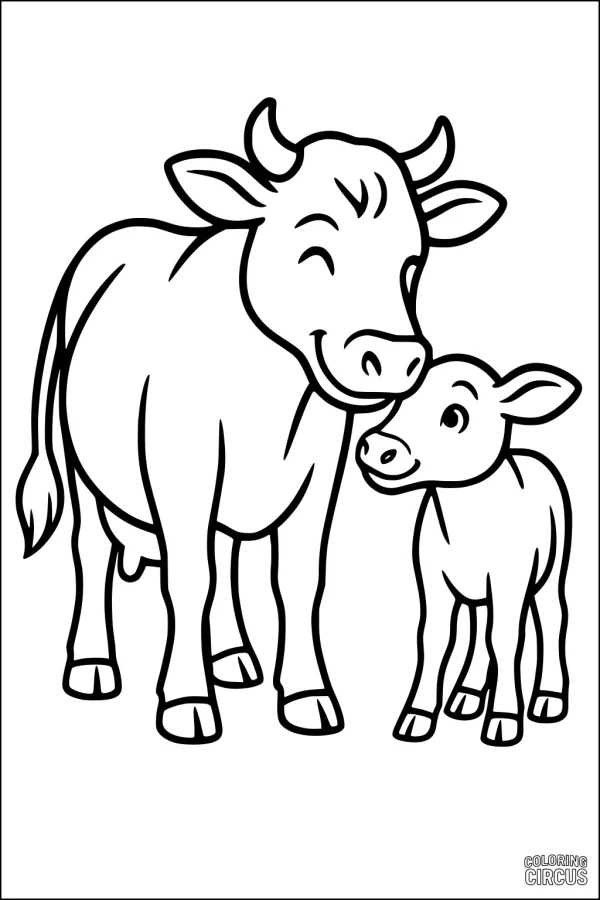 Coloring page showing a smiling cow with her cheerful calf, suitable for children