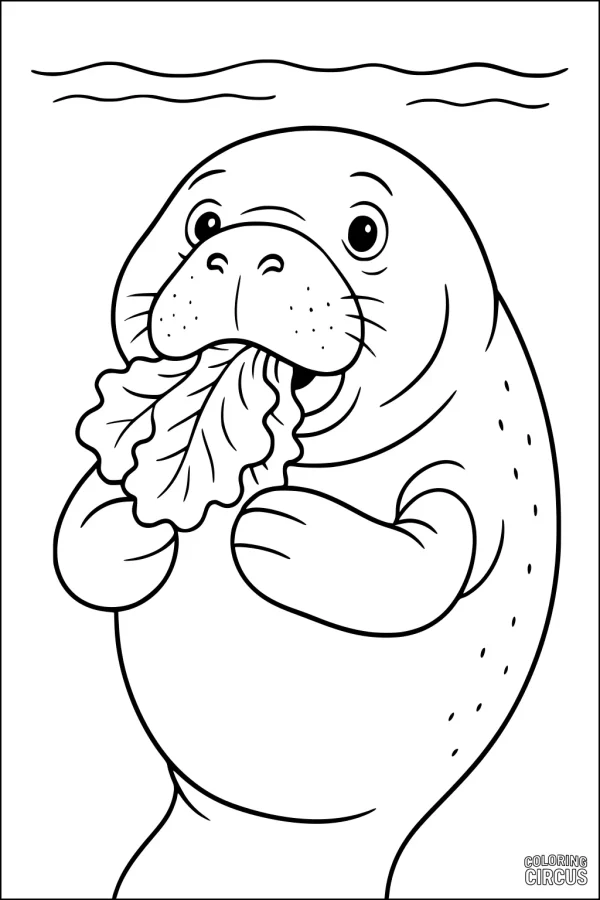 Coloring page showing a cute manatee eating lettuce underwater, designed for children and beginners
