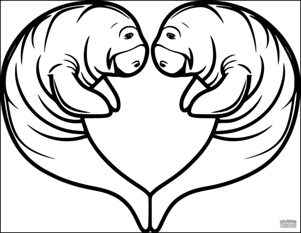 Coloring page of two cute manatees forming a heart shape with their tails