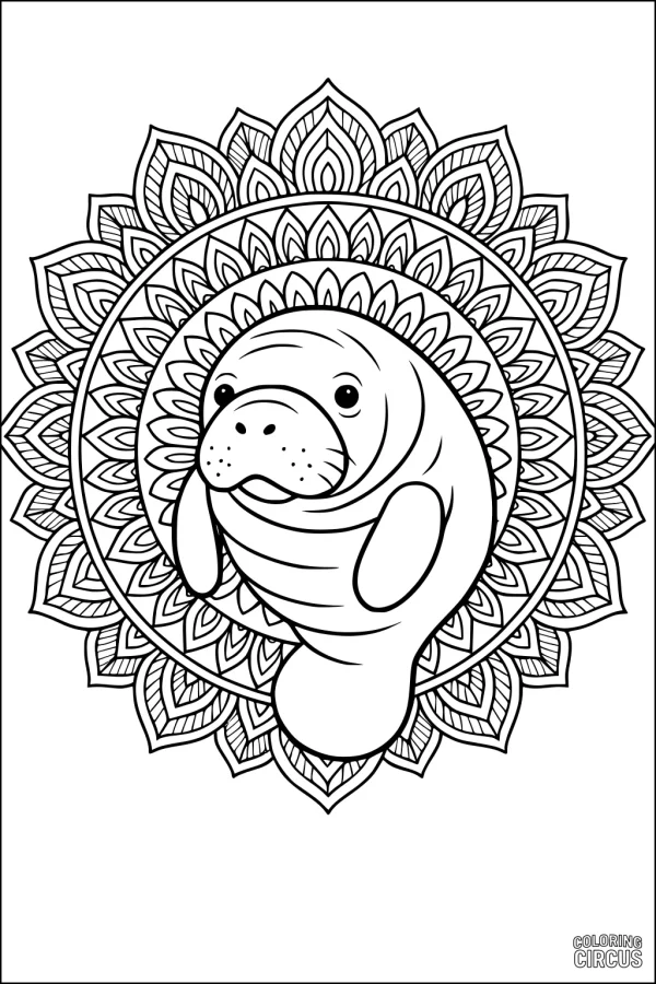 Coloring page featuring a manatee with detailed mandala background