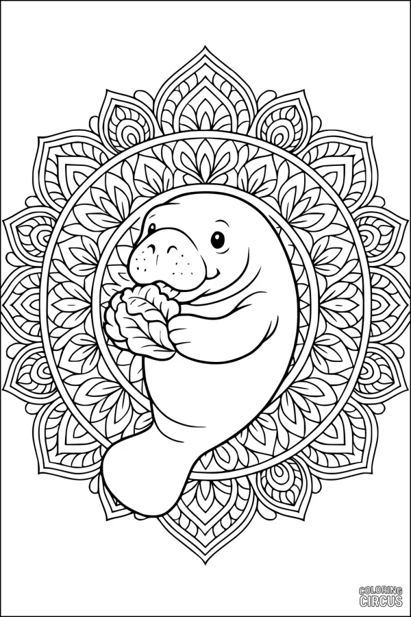 Coloring page of a cute manatee holding sea lettuce, surrounded by a detailed mandala flower pattern