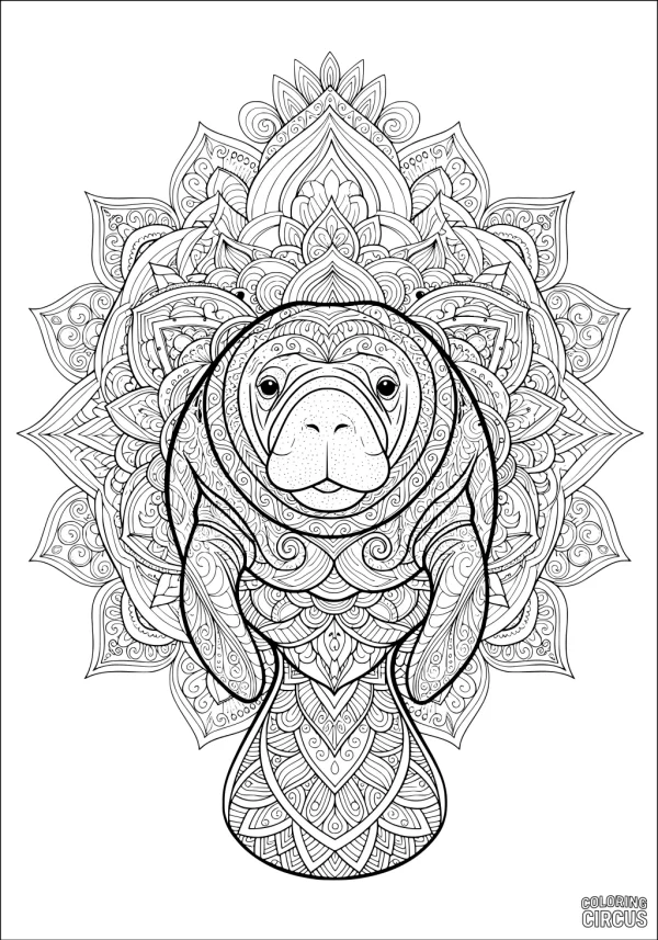 Coloring page featuring a manatee with ornate mandala patterns forming an intricate background