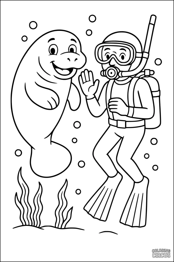 Coloring page featuring a smiling manatee greeting a diver underwater with seaweed and bubbles