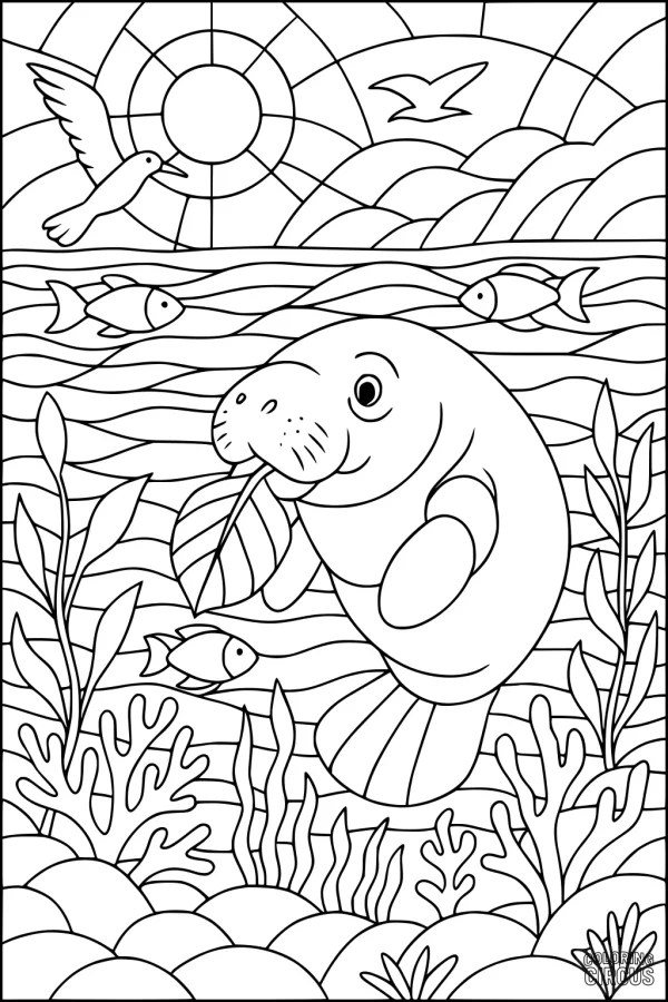 Coloring page of a smiling manatee underwater with fish, plants, and a sunlit sky above