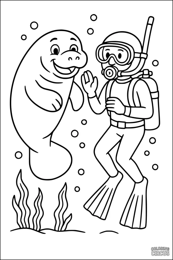 Coloring page of a smiling manatee waving at a friendly scuba diver underwater