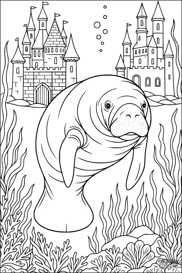 Coloring page showing a friendly manatee in front of undersea castles with seaweed and coral