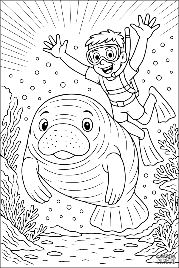 Coloring page showing a smiling manatee swimming underwater with a happy snorkeler and coral.