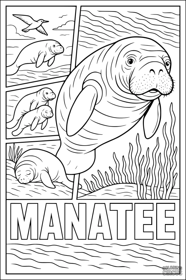 Coloring page showing friendly manatees swimming underwater with seagrass and a bird