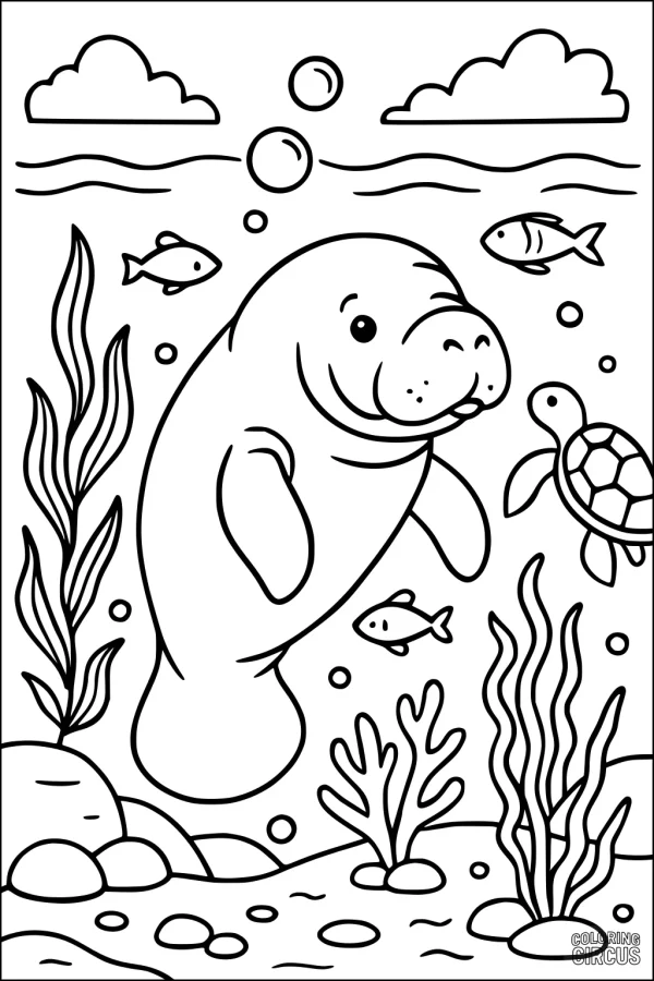 Coloring page featuring a smiling manatee, turtle, fish, sea plants, bubbles, and clouds in an underwater scene
