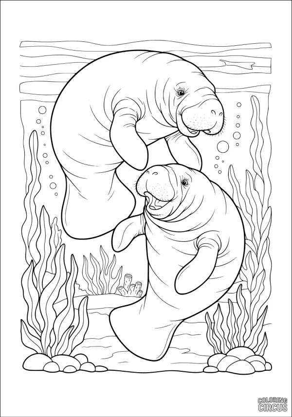 Coloring page with two friendly manatees in an aquatic habitat with sea grass and river rocks