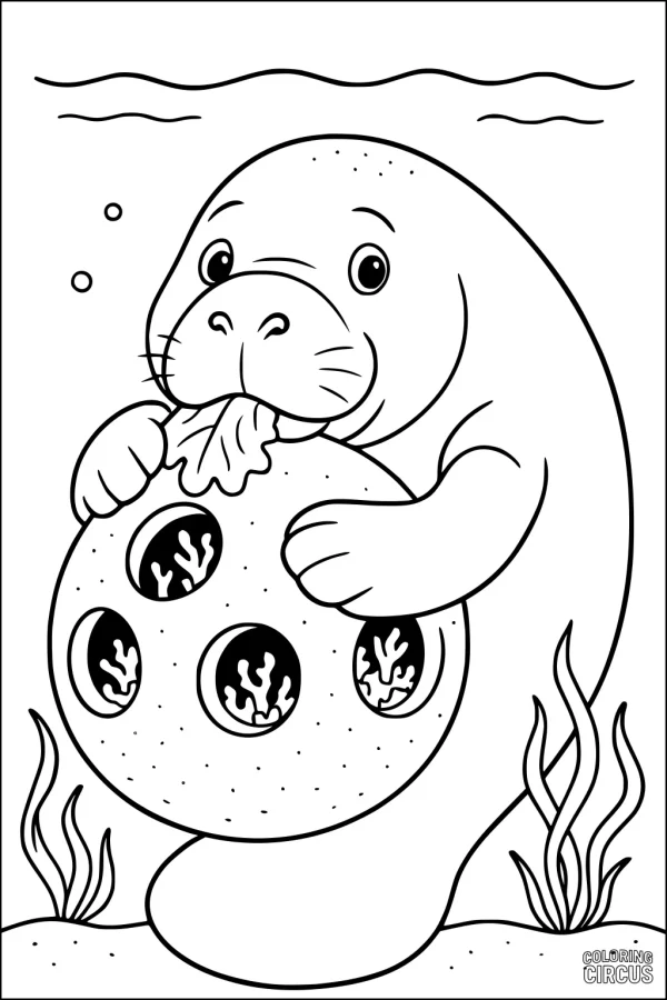 Coloring page of a cute manatee holding a coral-filled rock under the sea, with water plants and bubbles.